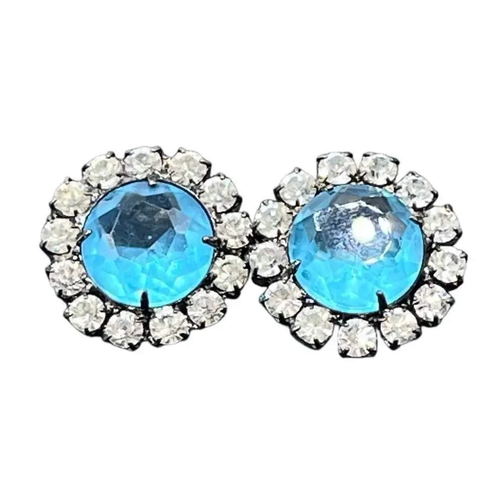 Kenneth Jay Lane Vintage Aquamarine Color Button Clip Gunmetal Earrings - Picture 1 of 12